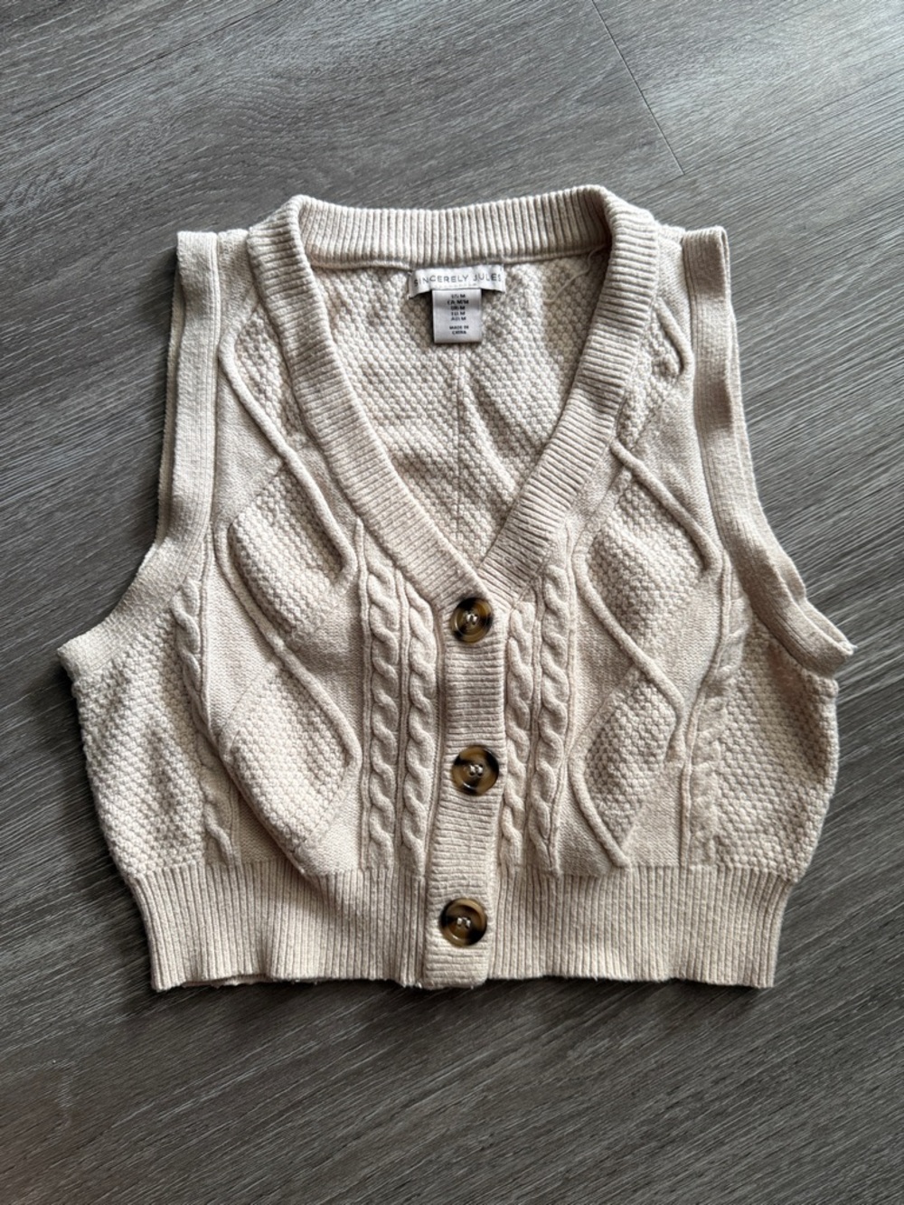 Sincerly Jules Cream Cable-Knit Button Front Vest